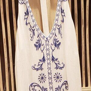 Sequin Hearts White Asymmetrical Dress with Blue Embroidery Small